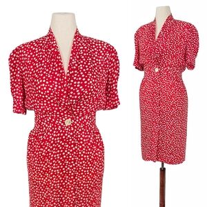 1980s Vintage Dress 80s Polka Dot M/L Red White Blouson Medium V Neck Leslie Fay